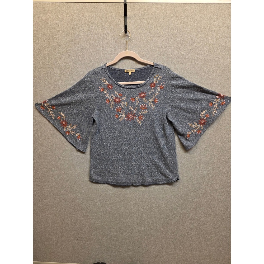 Democracy Womens Small Blue Heathered Floral Embroidered Bell Sleeve Knit Top